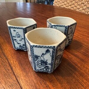 Set of Three Vintage Blue and White Tea Cups